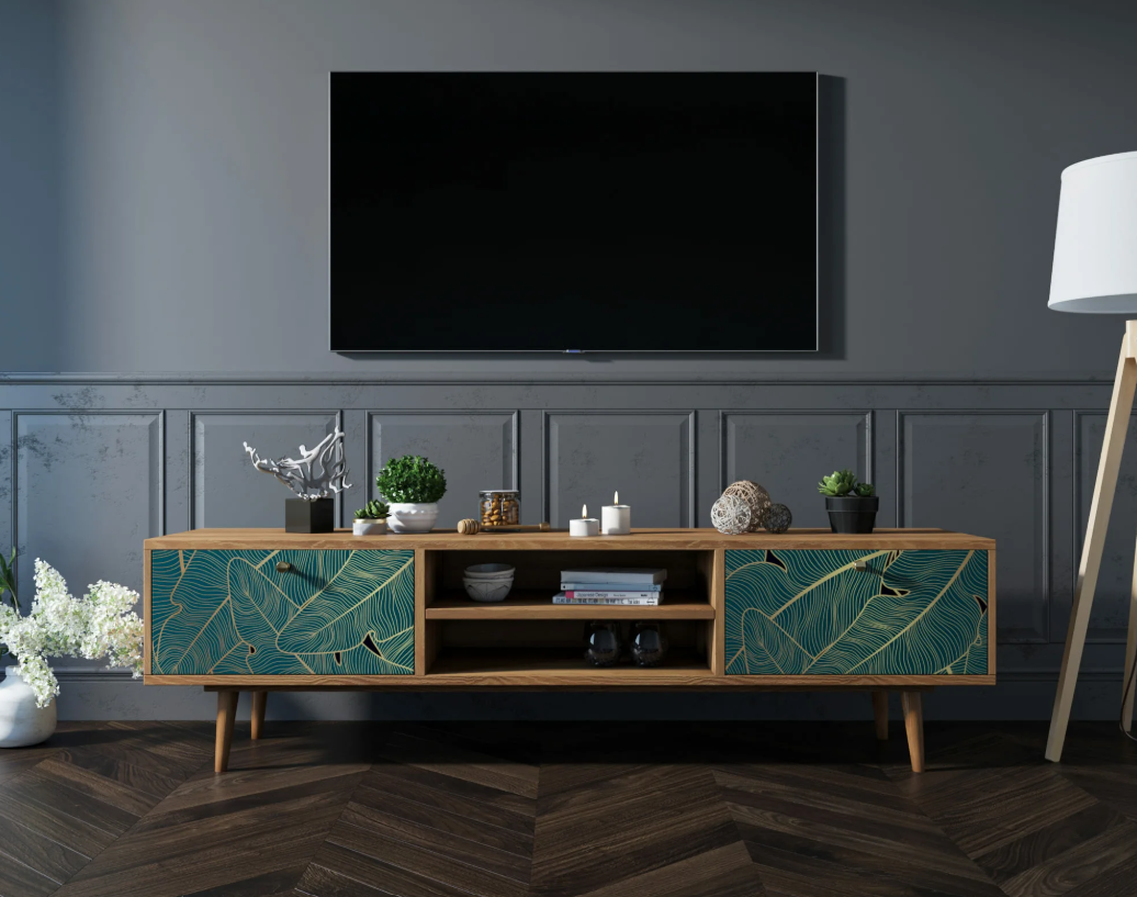 Wall-mounted television above a patterned cabinet